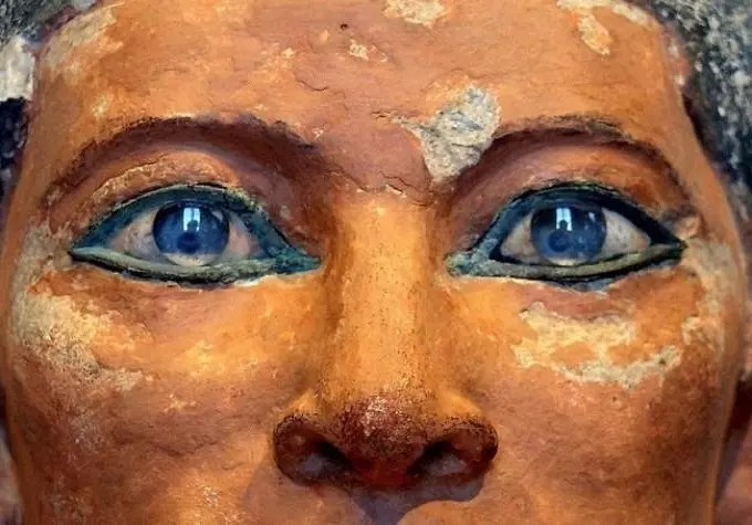 A closer look of the eyes of the wooden statue of Pharaoh Khor